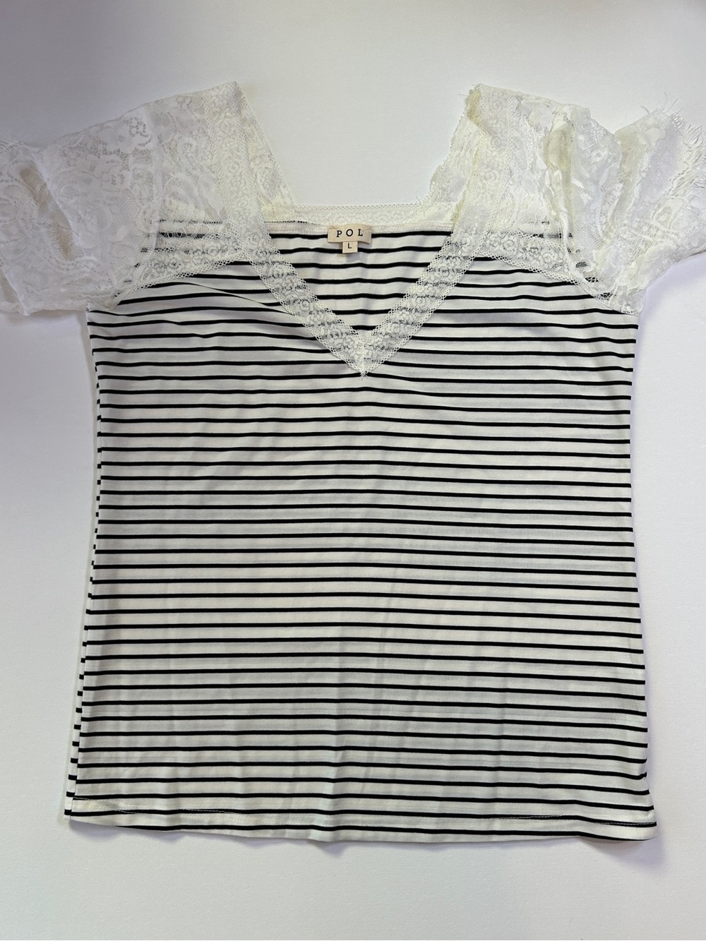 POL Black & White Striped Lace Sleeve Top | Boho Cottagecore Romantic | Size L